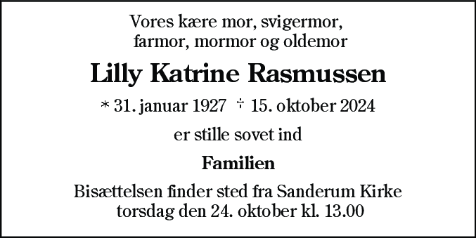 Dødsannonce for Lilly Katrine Rasmussen