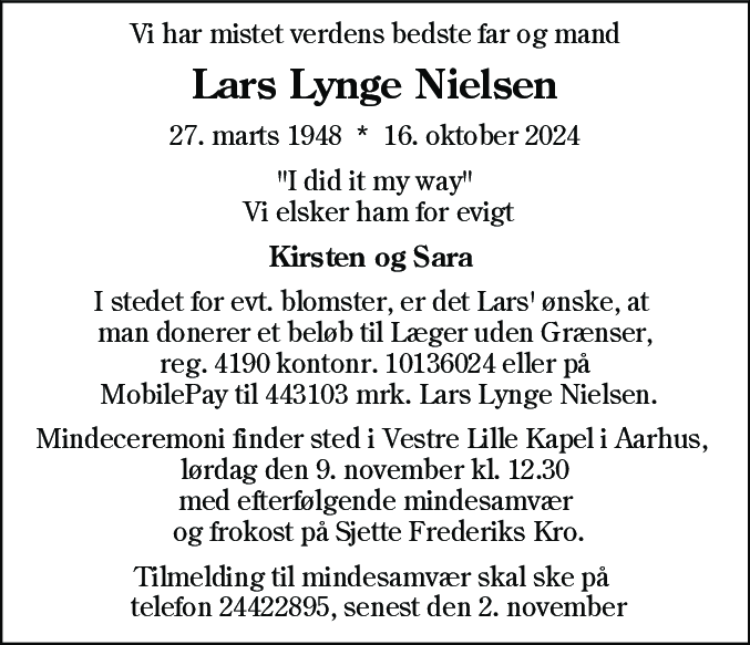 Dødsannonce for Lars Lynge Nielsen