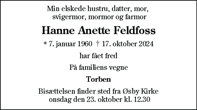 Dødsannonce for Hanne Anette Feldfoss