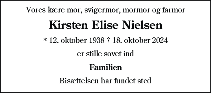 Dødsannonce for Kirsten Elise Nielsen