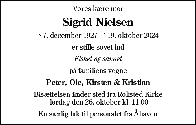 Dødsannonce for Sigrid Nielsen