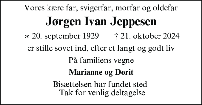 Dødsannonce for Jørgen Ivan Jeppesen