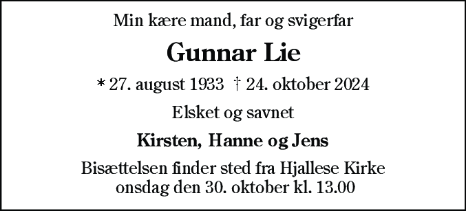 Dødsannonce for Gunnar Lie