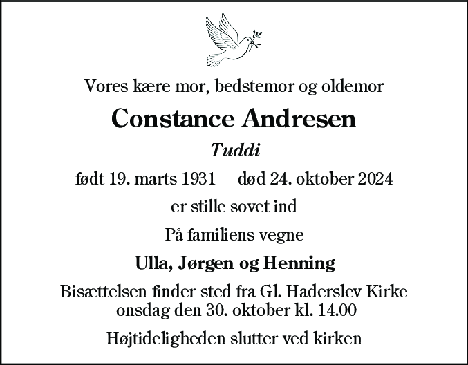 Dødsannonce for Constance Andresen
