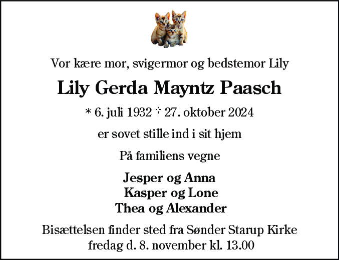 Dødsannonce for Lily Gerda Paasch