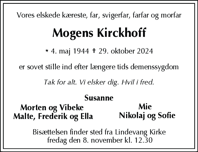 Dødsannonce for Mogens Kirckhoff