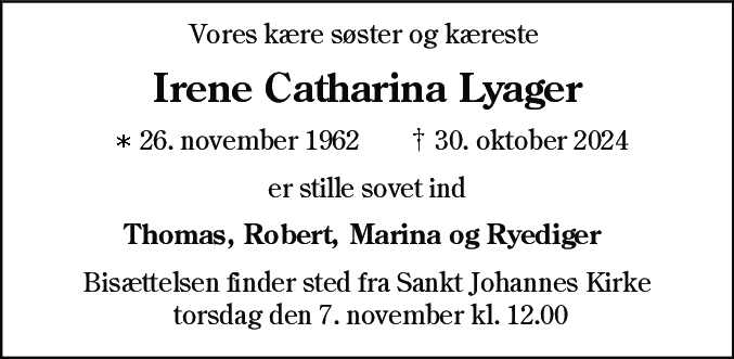 Dødsannonce for Irene Catharina Lyager