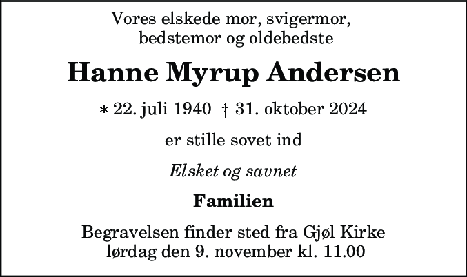 Dødsannonce for Hanne Myrup Andersen