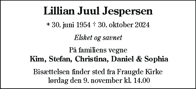 Dødsannonce for Lillian Juul Jespersen