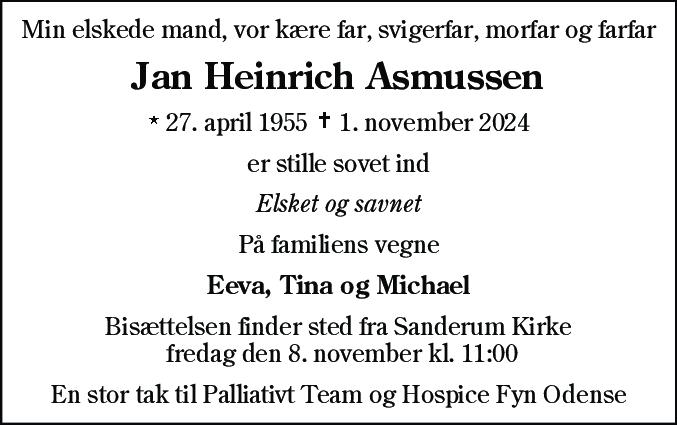 Dødsannonce for Jan Heinrich Asmussen