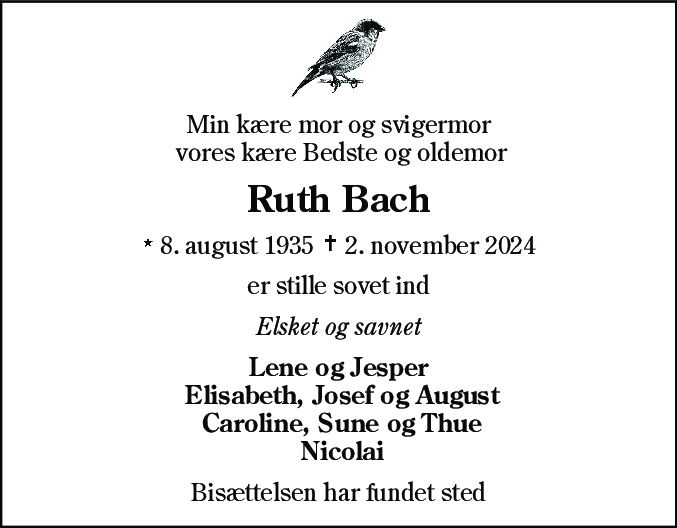 Dødsannonce for Ruth Bach