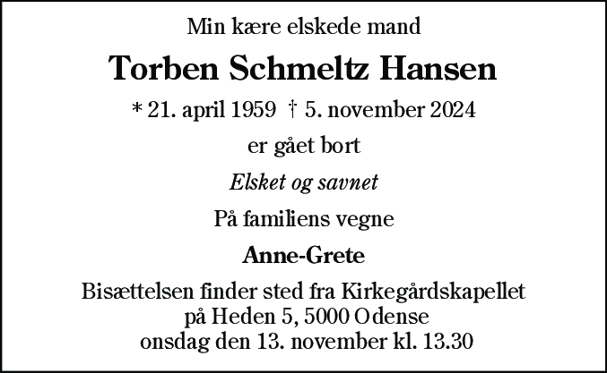 Dødsannonce for Torben Schmeltz Hansen