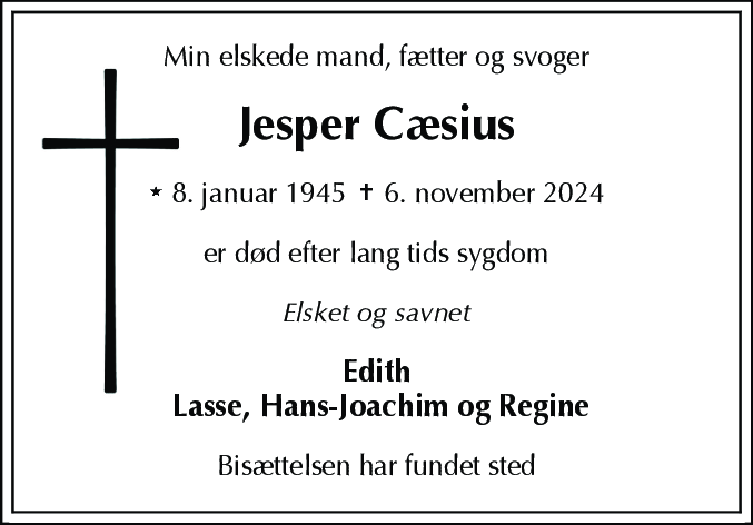 Dødsannonce for Jesper Cæsius
