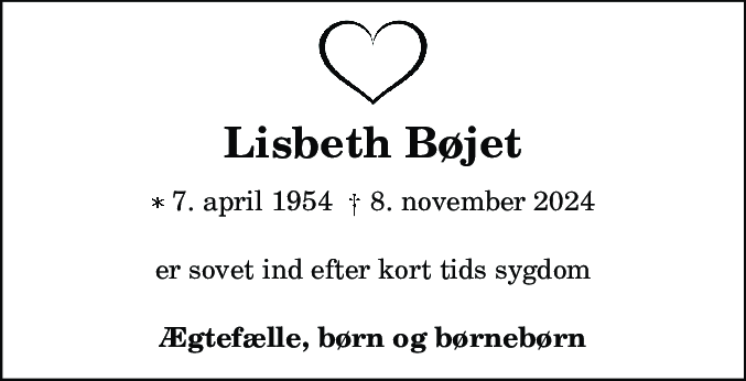Dødsannonce for Lisbeth Bøjet