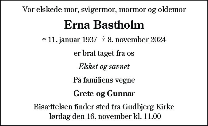 Dødsannonce for Erna Marie Bastholm