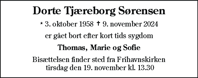 Dødsannonce for Dorte Tjæreborg Sørensen