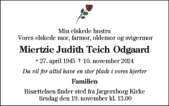 Dødsannonce for Miertzie Judith Teich Odgaard