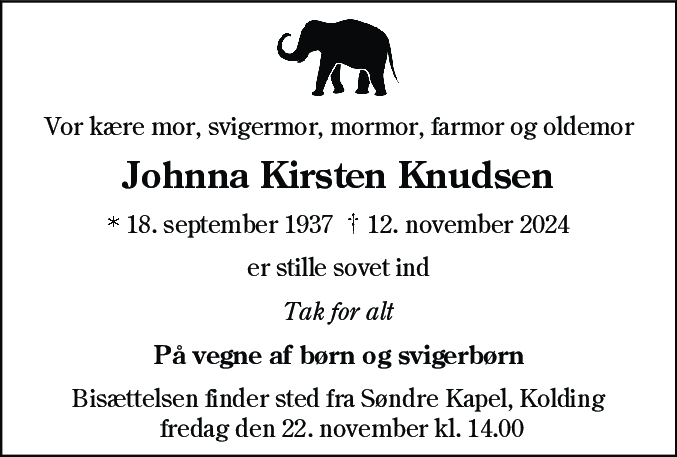 Dødsannonce for Johnna Kirsten Knudsen