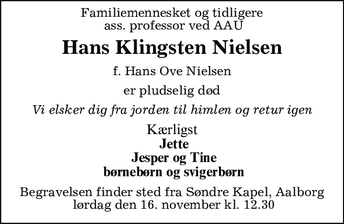 Dødsannonce for LØSSALG Hans Klingsten Nielsen