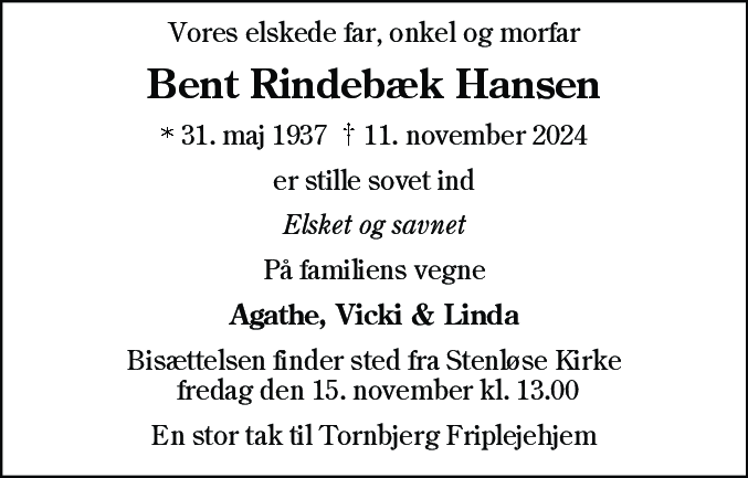 Dødsannonce for Bent Rindebæk Hansen
