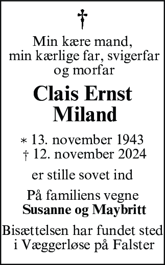 Dødsannonce for Clais Ernst Miland