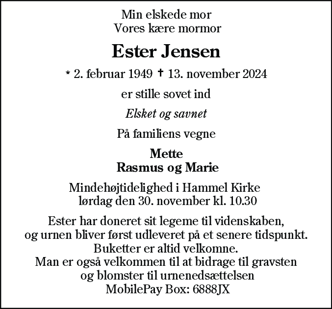 Dødsannonce for Ester Jensen