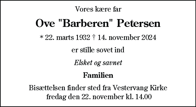 Dødsannonce for Ove Petersen
