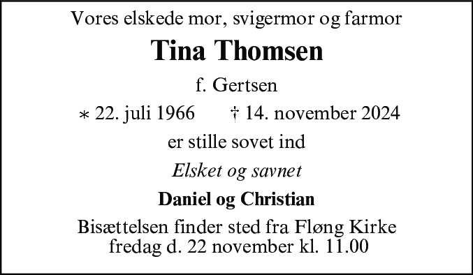 Dødsannonce for Tina Thomsen