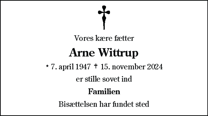 Dødsannonce for Arne Wittrup