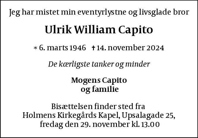 Dødsannonce for Ulrik William Capito
