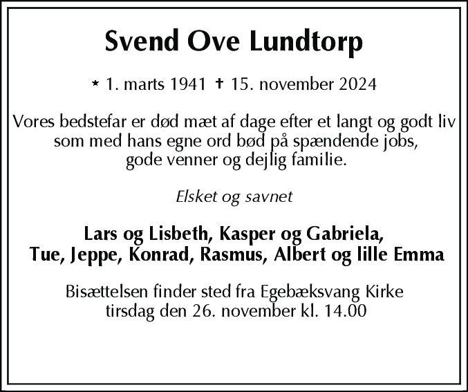 Dødsannonce for Svend Ove Lundtorp