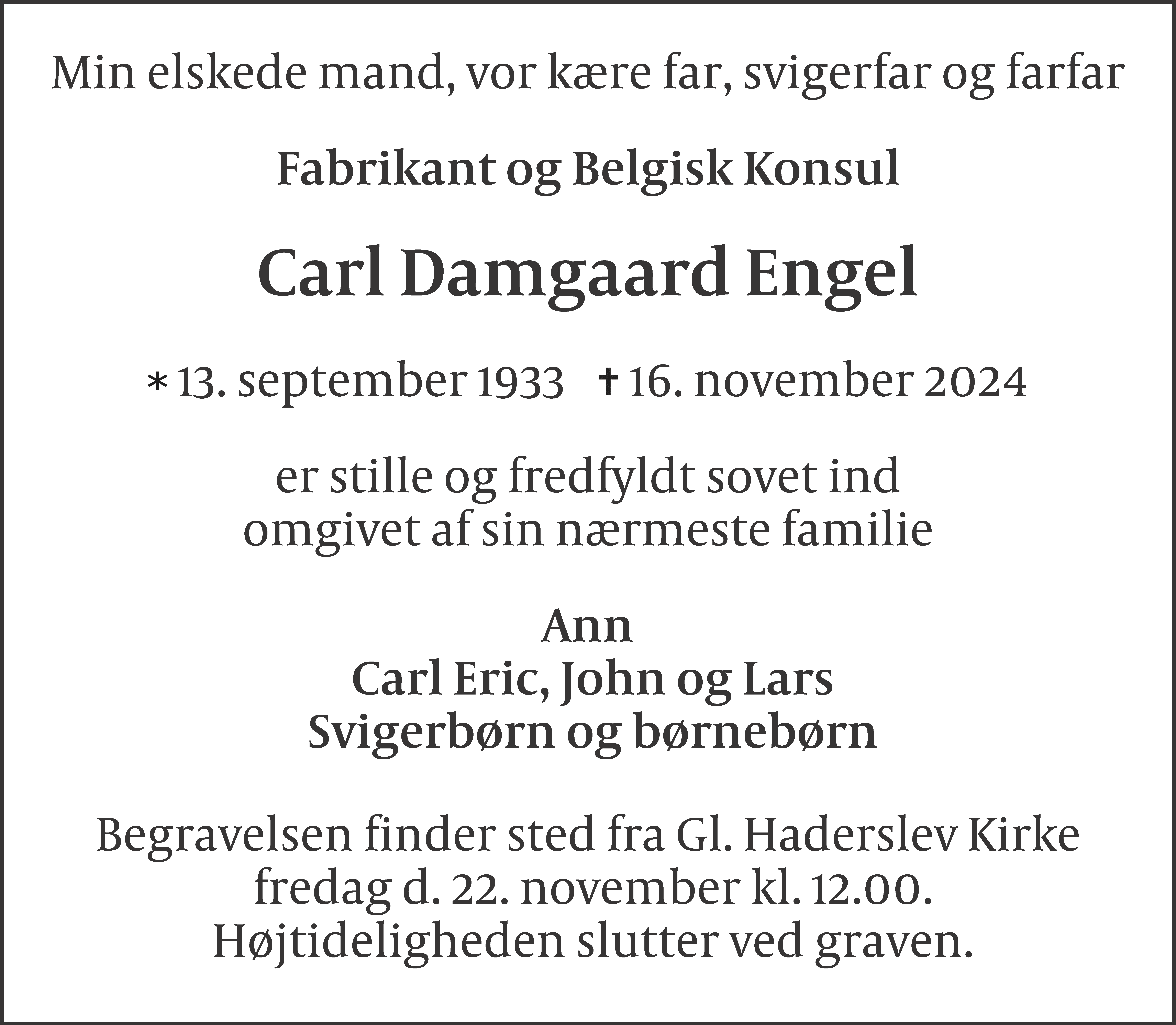 Dødsannonce for Carl Damgaard Engel