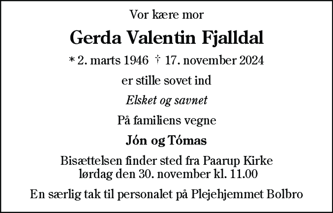 Dødsannonce for Gerda Valentin Fjalldal