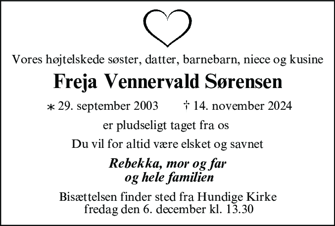 Dødsannonce for Freja Vennervald Sørensen