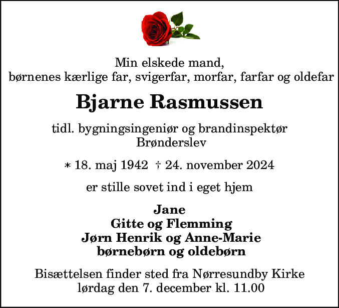 Dødsannonce for Bjarne Rasmussen