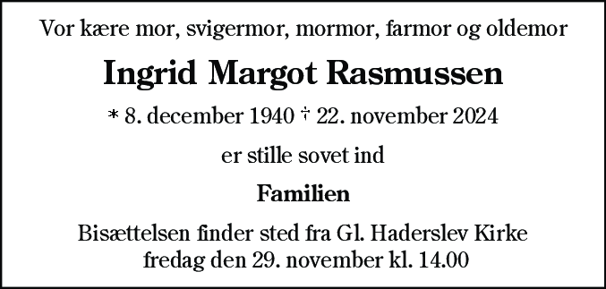 Dødsannonce for Ingrid Margot Rasmussen