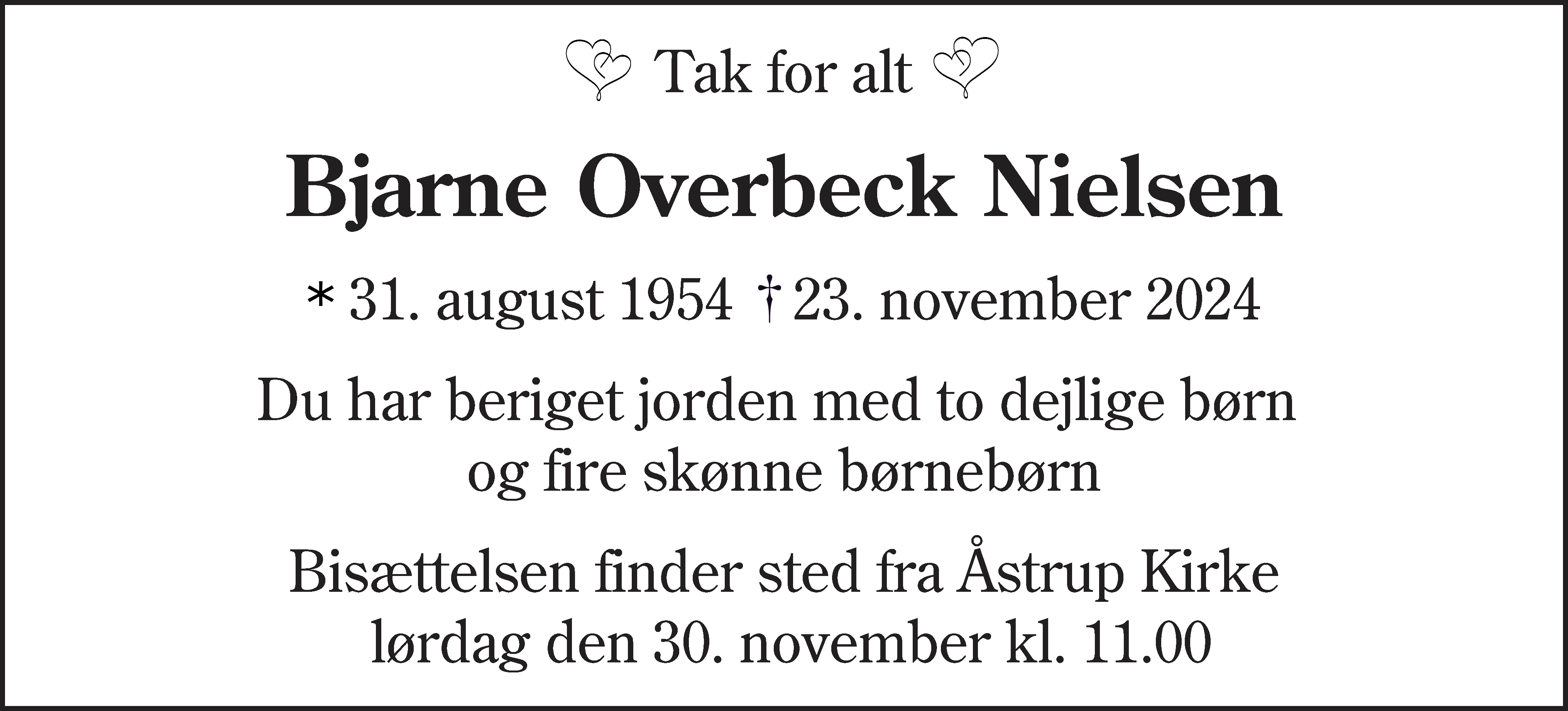 Dødsannonce for Bjarne Overbeck Nielsen