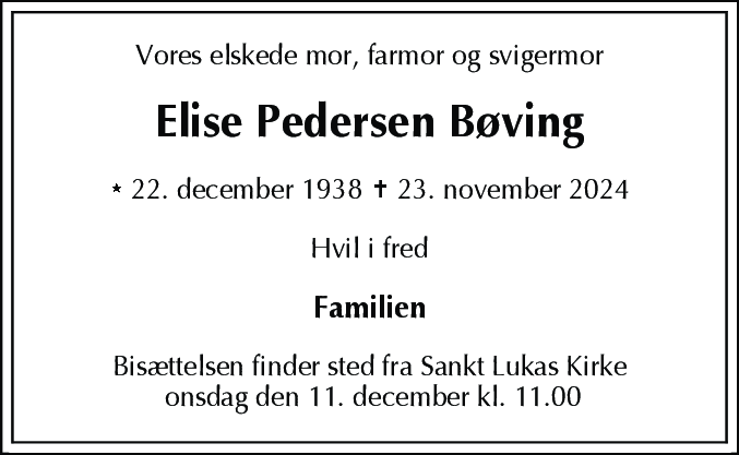 Dødsannonce for Elise Pedersen Bøving