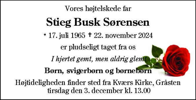 Dødsannonce for Stieg Busk Sørensen