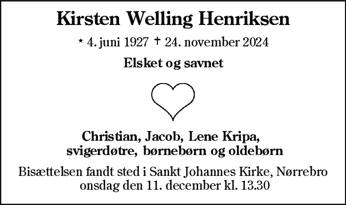 Dødsannonce for Kirsten Welling Henriksen