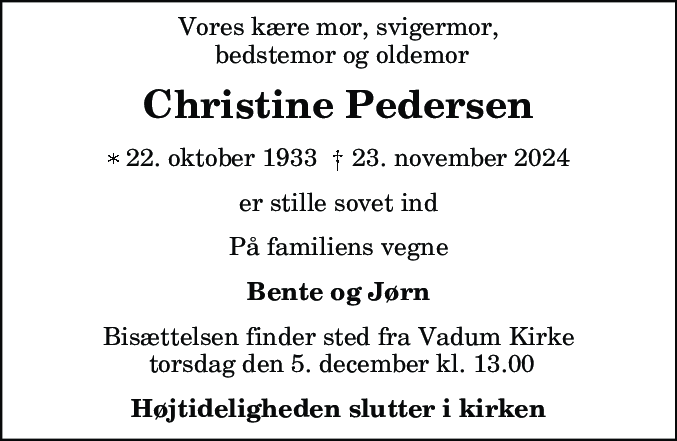 Dødsannonce for Christine Pedersen