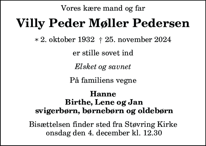 Dødsannonce for Villy Peder Møller Pedersen