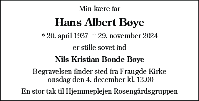 Dødsannonce for Hans Albert Bøye
