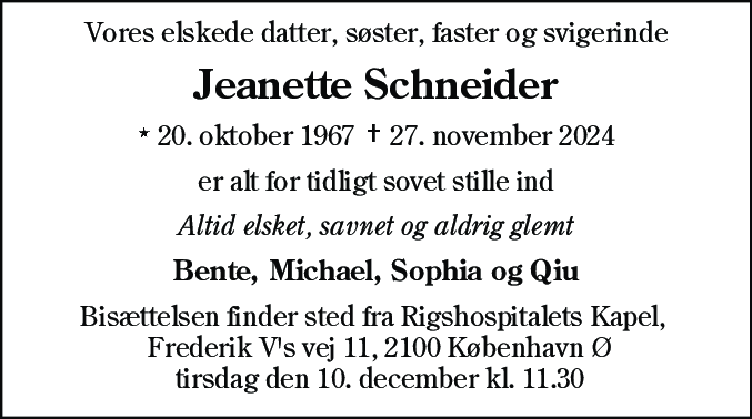 Dødsannonce for Jeanette Schneider
