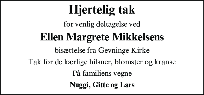 Dødsannonce for Ellen Margrete Mikkelsen