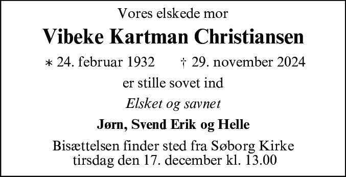 Dødsannonce for Vibeke Kartman Christiansen