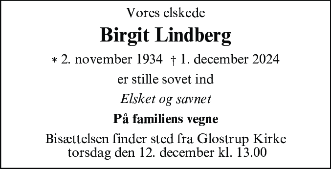 Dødsannonce for Birgit Lindberg