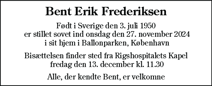 Dødsannonce for Bent Erik Frederiksen
