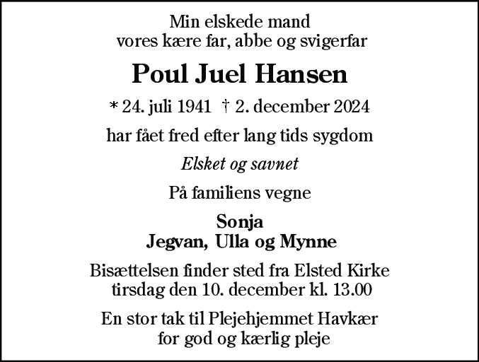 Dødsannonce for Poul Juel Hansen