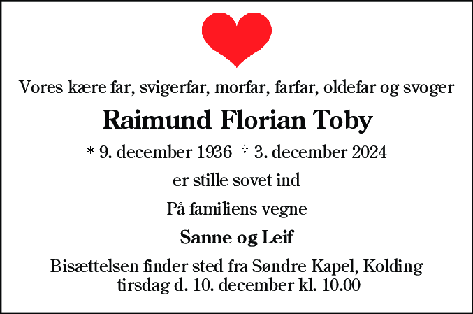 Dødsannonce for Raimund Florian Toby